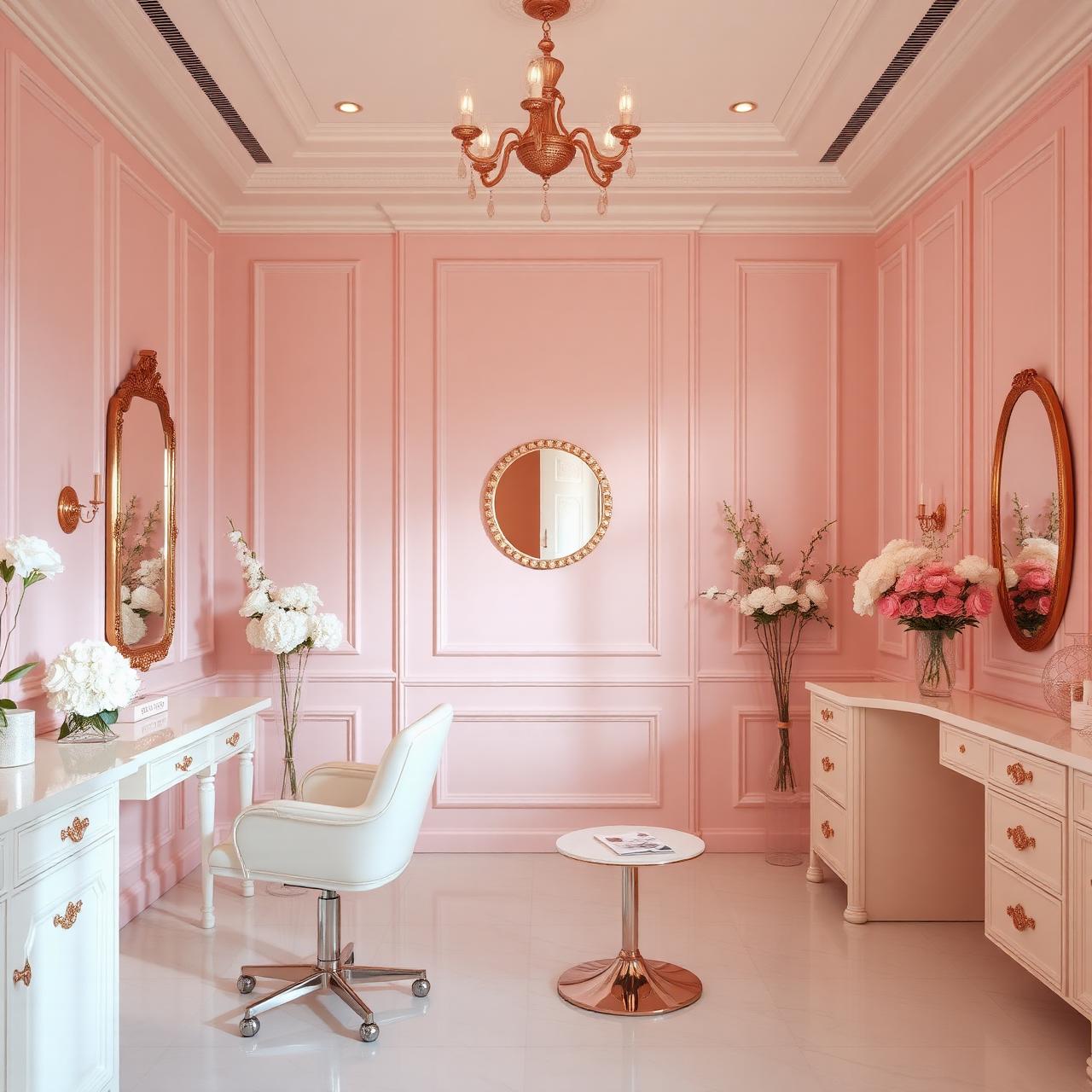 Elegant pink and rose gold salon interior